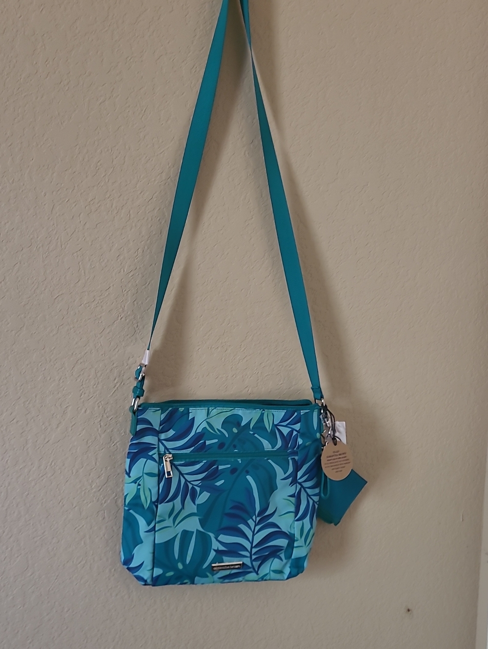 Teal Tropical Leaf Crossbody Bag with Adjustable Strap
